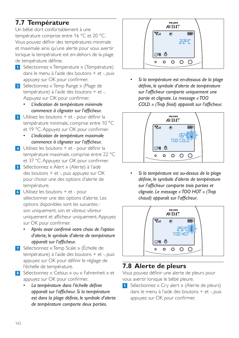 8 alerte de pleurs, 7 température | Philips AVENT Écoute-bébé DECT User Manual | Page 162 / 328