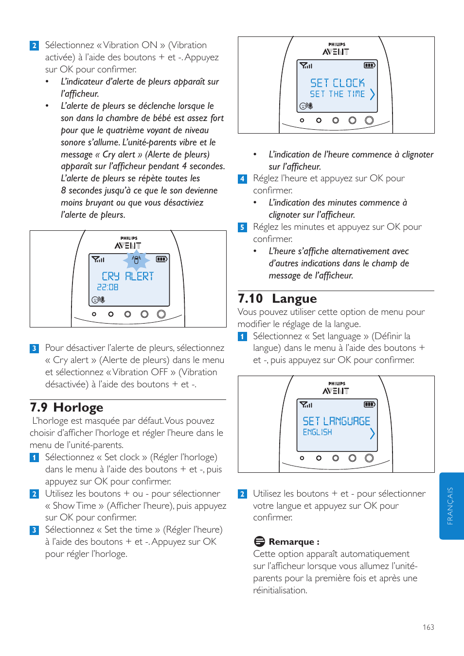 10 langue, 9 horloge | Philips AVENT Écoute-bébé DECT User Manual | Page 163 / 328