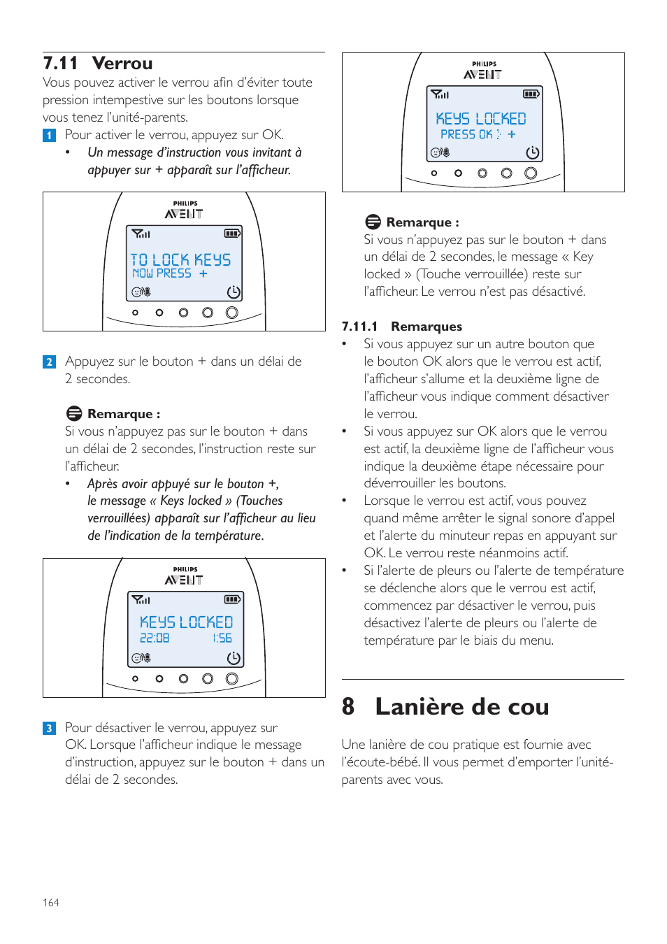 8 lanière de cou, 11 verrou | Philips AVENT Écoute-bébé DECT User Manual | Page 164 / 328