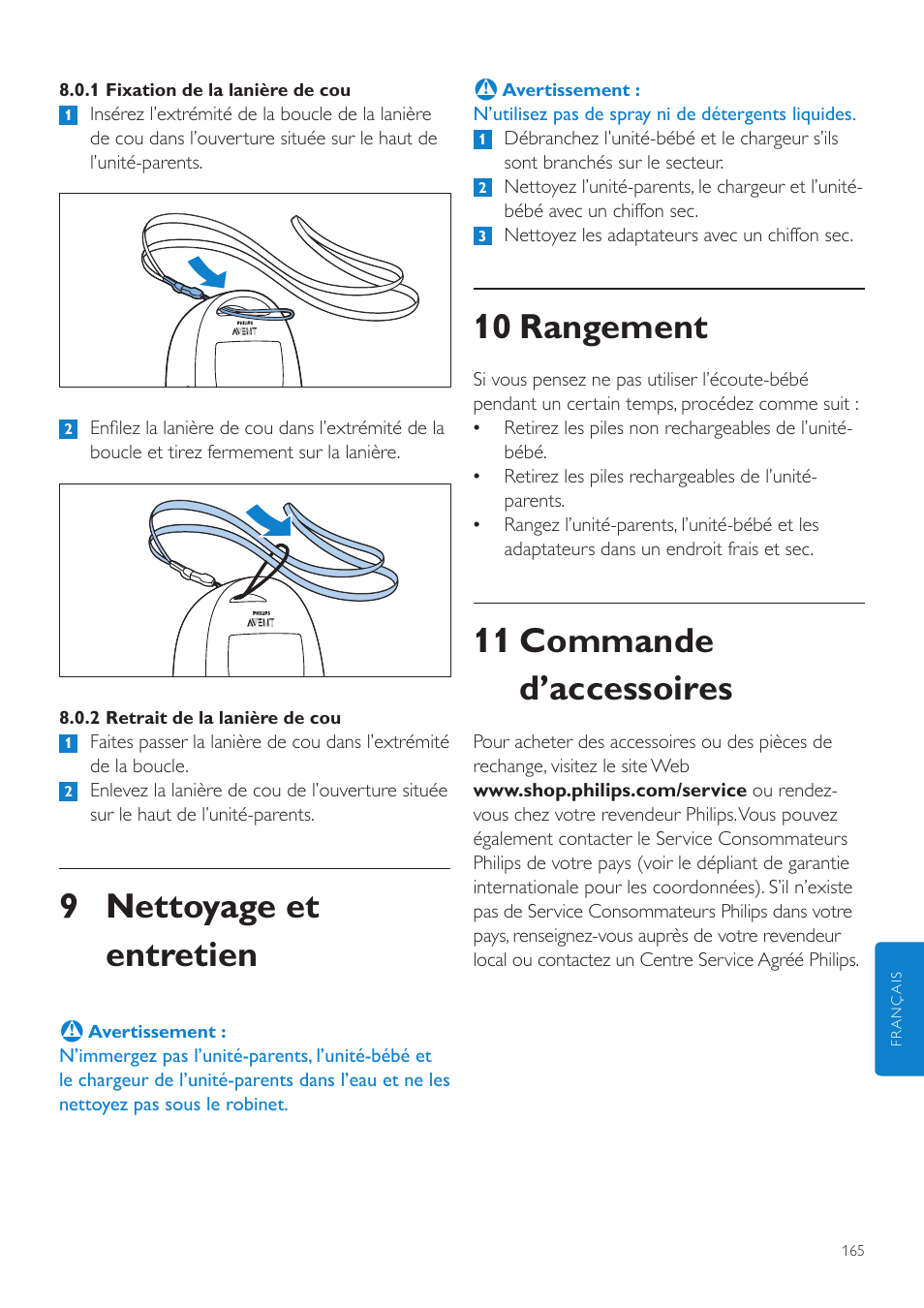 10 rangement, 11 commande d’accessoires, 9 nettoyage et entretien | Philips AVENT Écoute-bébé DECT User Manual | Page 165 / 328