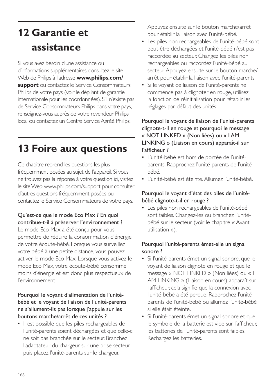 12 garantie et assistance, 13 foire aux questions | Philips AVENT Écoute-bébé DECT User Manual | Page 166 / 328