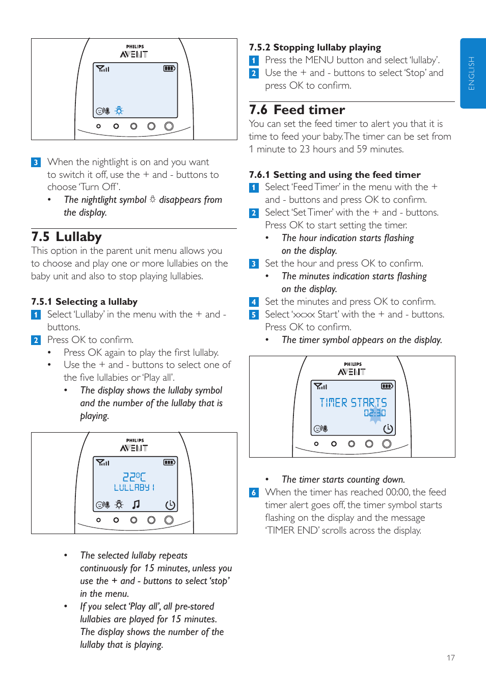 6 feed timer, 5 lullaby | Philips AVENT Écoute-bébé DECT User Manual | Page 17 / 328