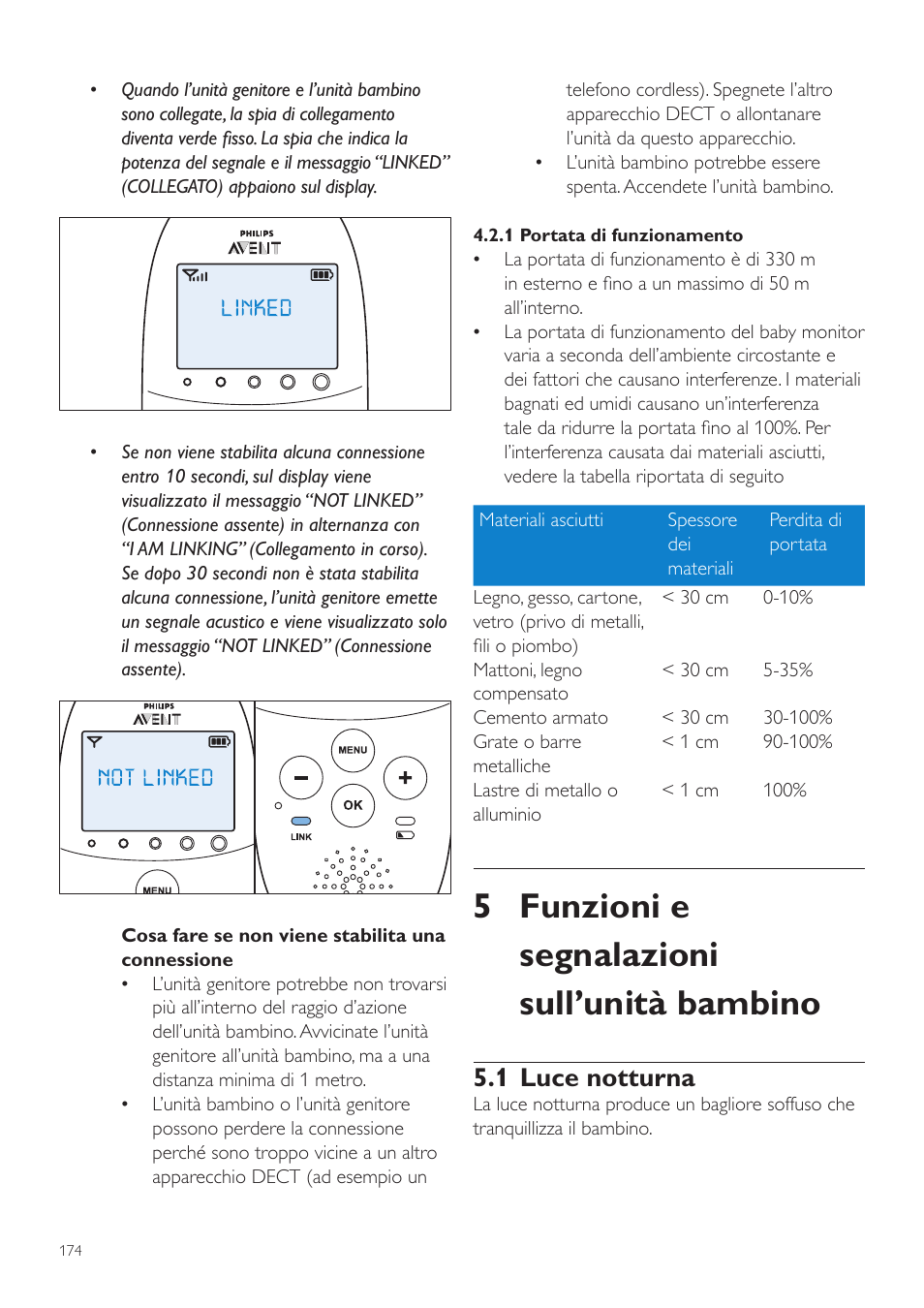 5 funzioni e segnalazioni sull’unità bambino, 1 luce notturna | Philips AVENT Écoute-bébé DECT User Manual | Page 174 / 328