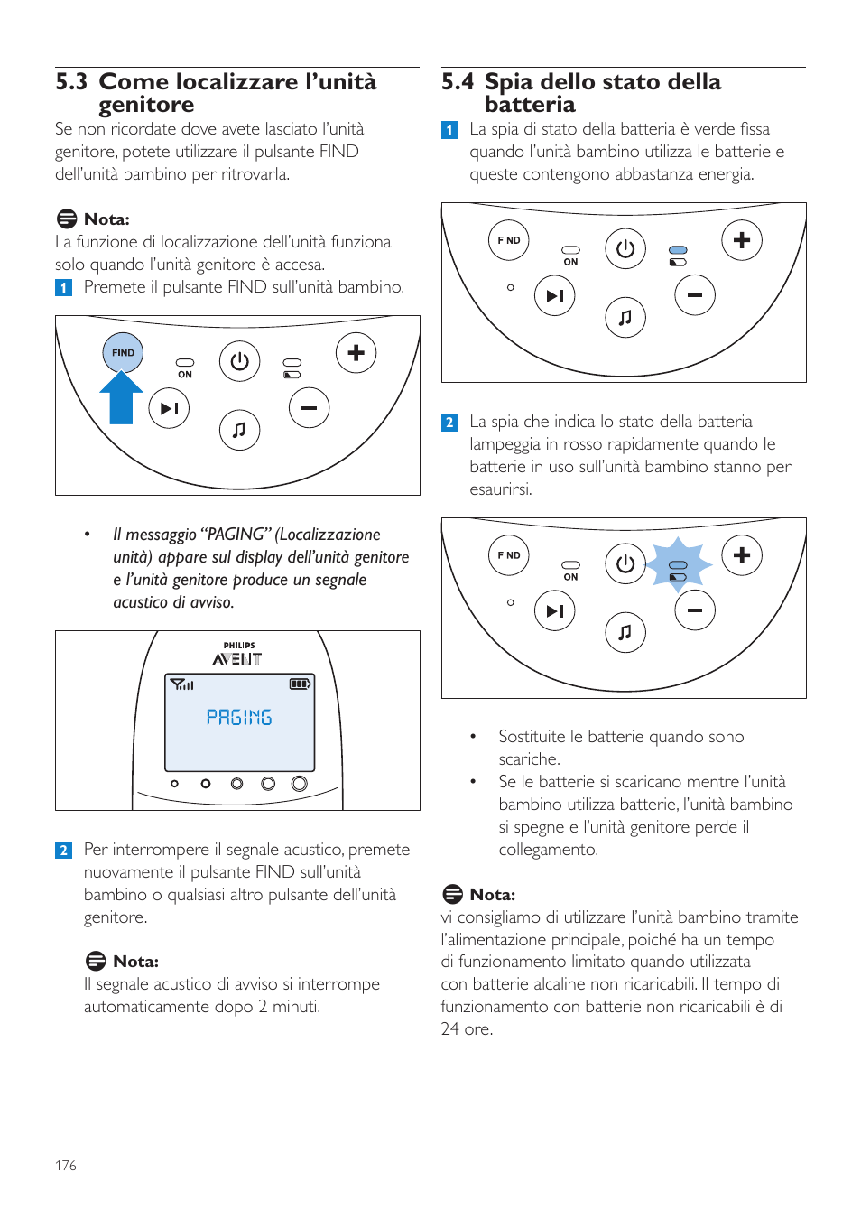 4 spia dello stato della batteria, 3 come localizzare l’unità genitore | Philips AVENT Écoute-bébé DECT User Manual | Page 176 / 328