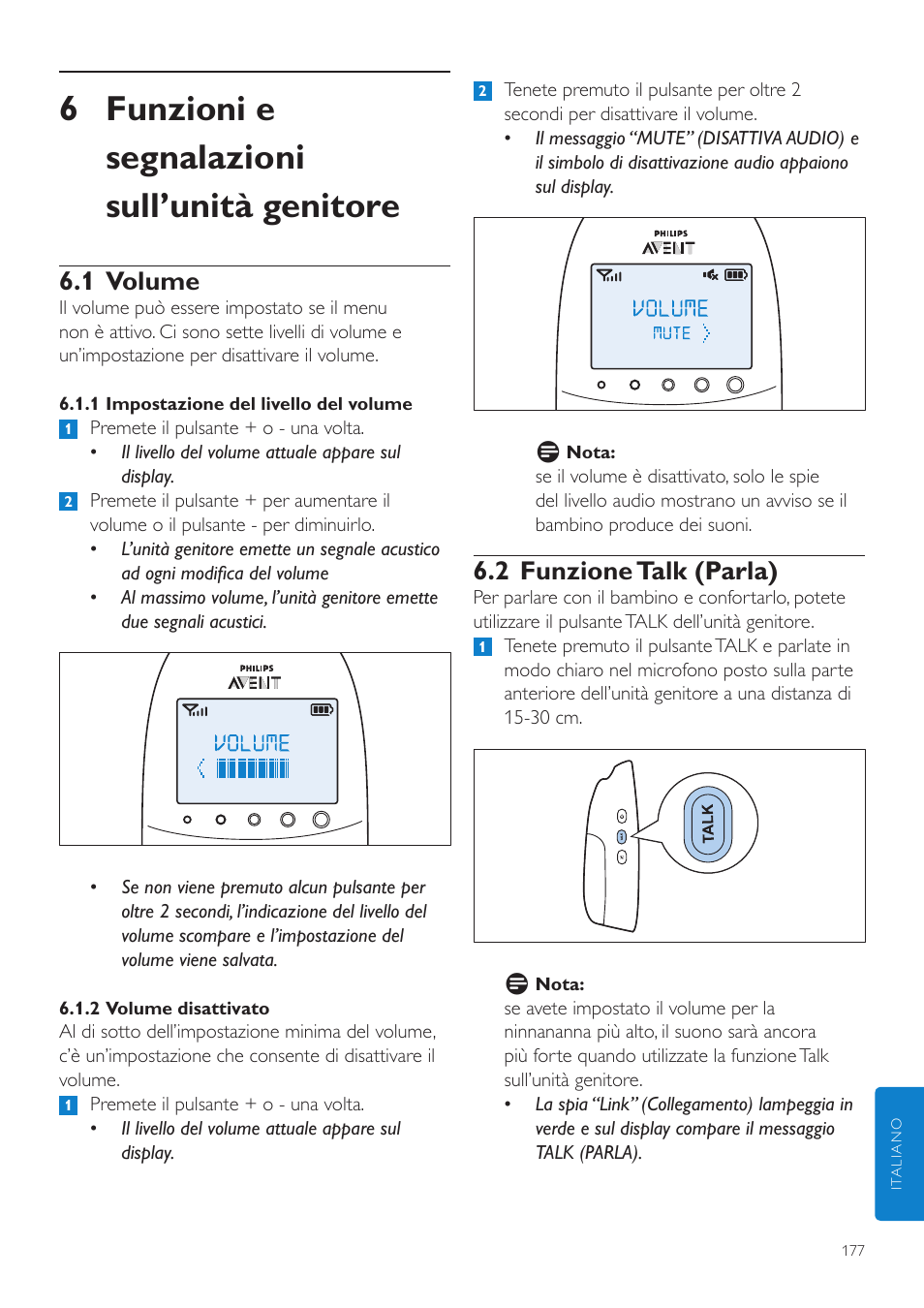 6 funzioni e segnalazioni sull’unità genitore, 2 funzione talk (parla), 1 volume | Philips AVENT Écoute-bébé DECT User Manual | Page 177 / 328