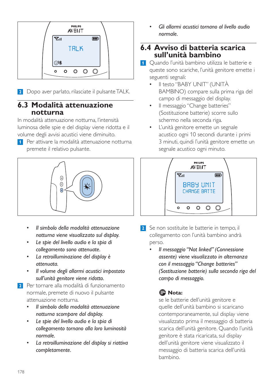 4 avviso di batteria scarica sull’unità bambino, 3 modalità attenuazione notturna | Philips AVENT Écoute-bébé DECT User Manual | Page 178 / 328