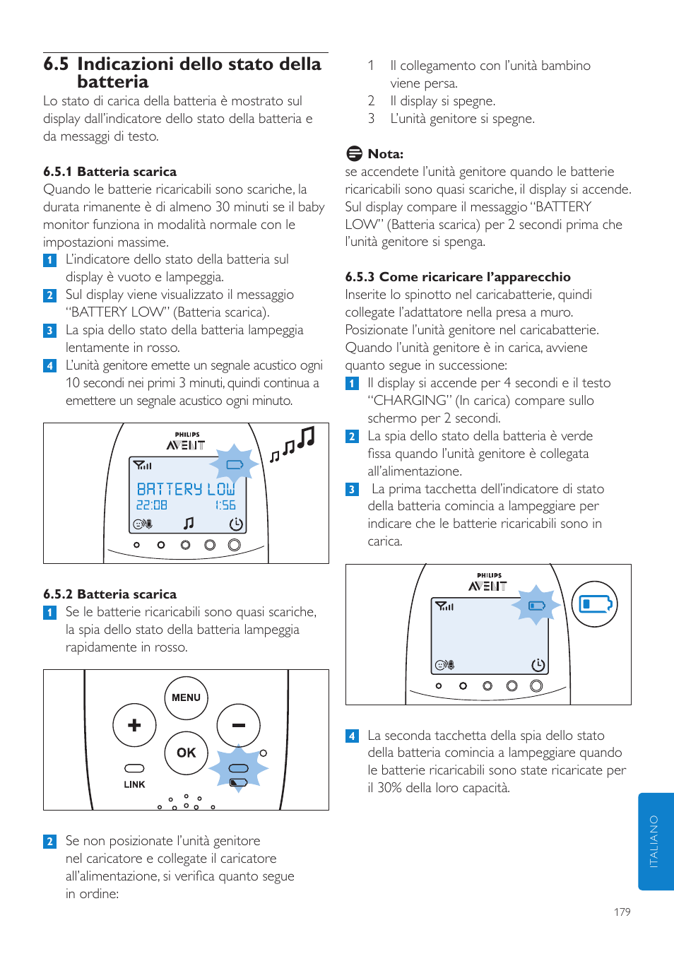 5 indicazioni dello stato della batteria | Philips AVENT Écoute-bébé DECT User Manual | Page 179 / 328