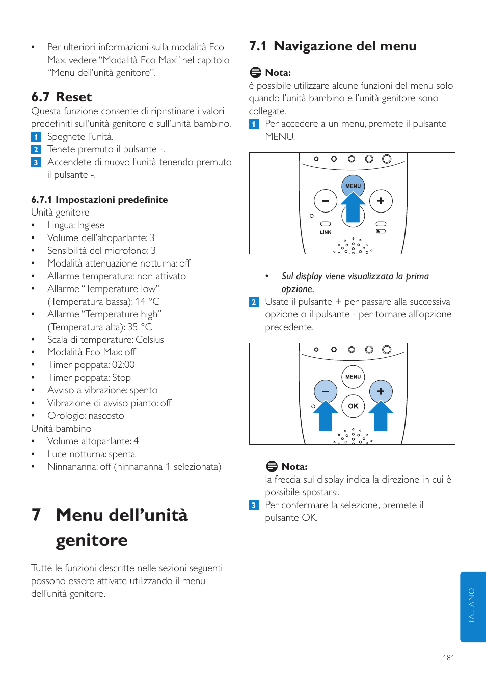 7 menu dell’unità genitore, 1 navigazione del menu, 7 reset | Philips AVENT Écoute-bébé DECT User Manual | Page 181 / 328