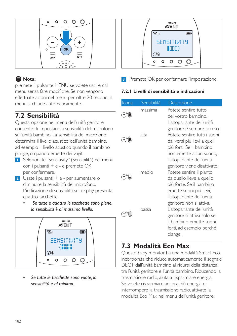 3 modalità eco max, 2 sensibilità | Philips AVENT Écoute-bébé DECT User Manual | Page 182 / 328