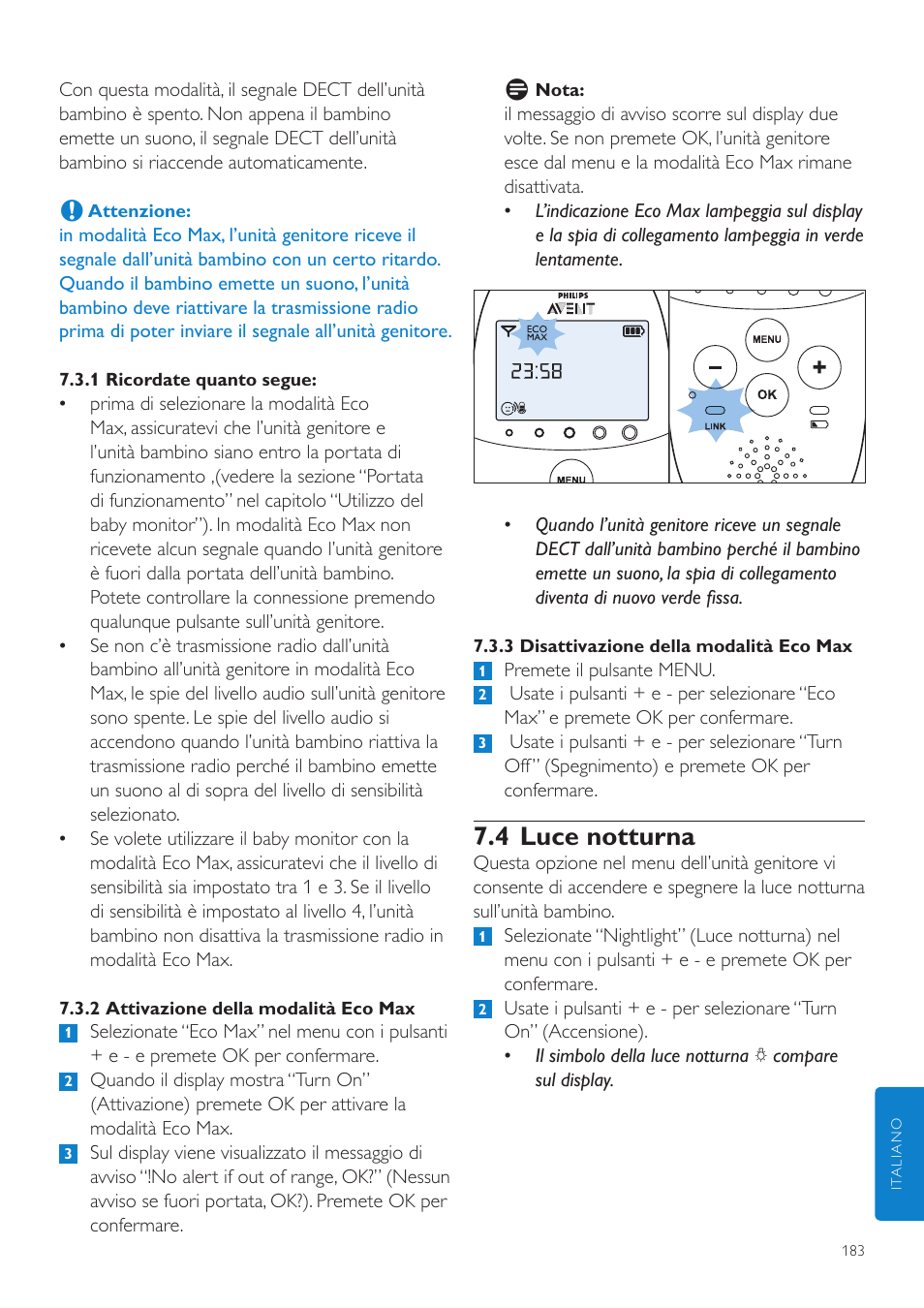 4 luce notturna | Philips AVENT Écoute-bébé DECT User Manual | Page 183 / 328
