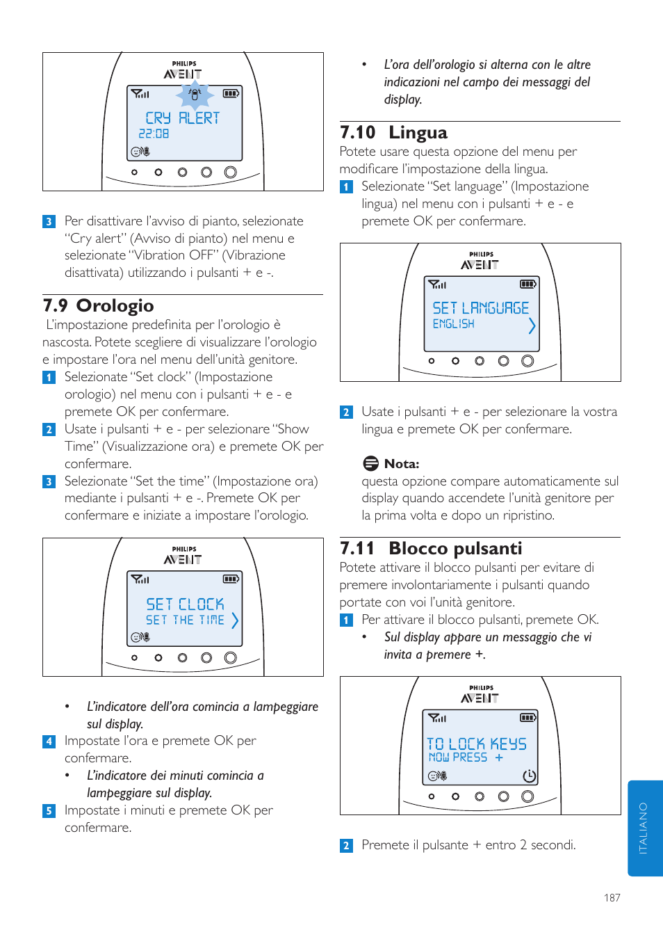 10 lingua, 11 blocco pulsanti, 9 orologio | Philips AVENT Écoute-bébé DECT User Manual | Page 187 / 328