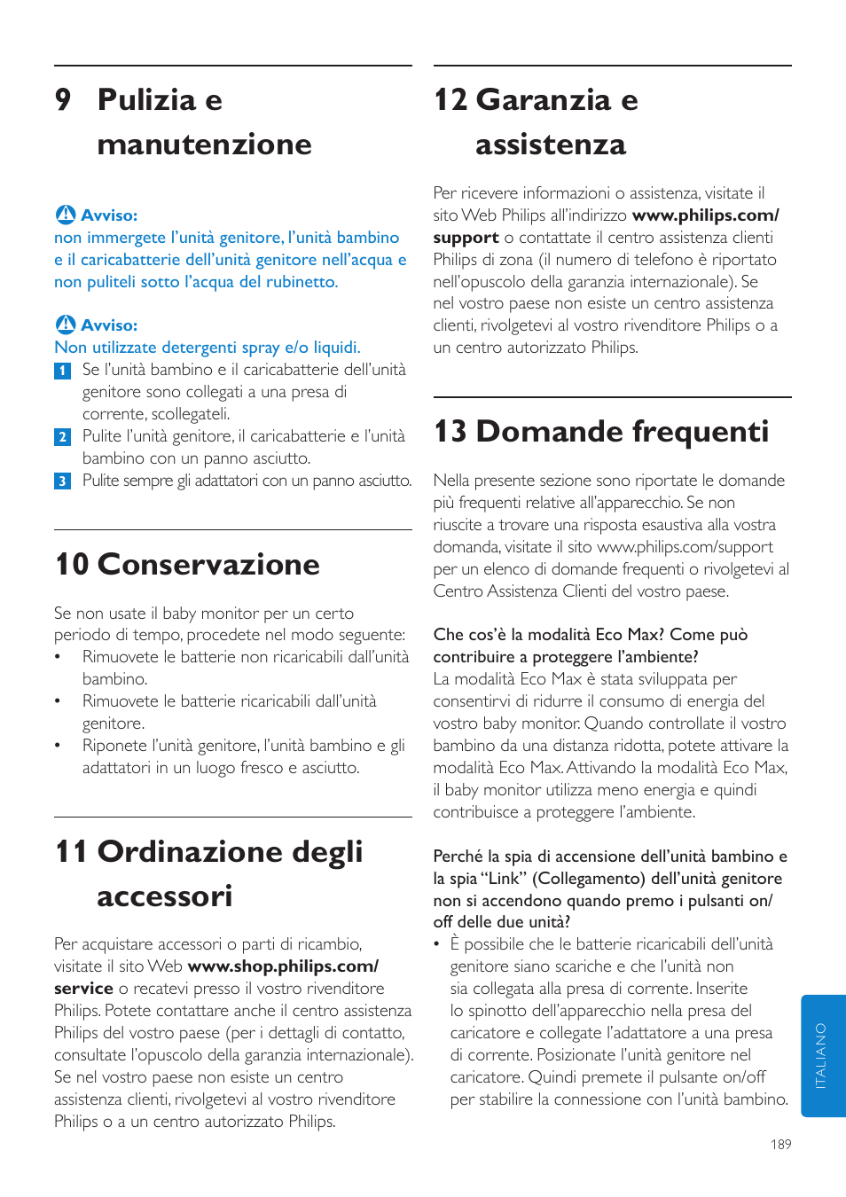 12 garanzia e assistenza, 13 domande frequenti, 9 pulizia e manutenzione | 10 conservazione, 11 ordinazione degli accessori | Philips AVENT Écoute-bébé DECT User Manual | Page 189 / 328