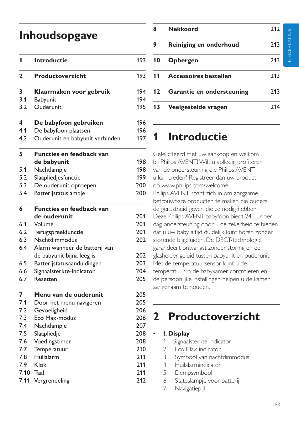 Nederlands, Gebruiksaanwijzing, 1 introductie | 2 productoverzicht, Inhoudsopgave | Philips AVENT Écoute-bébé DECT User Manual | Page 193 / 328