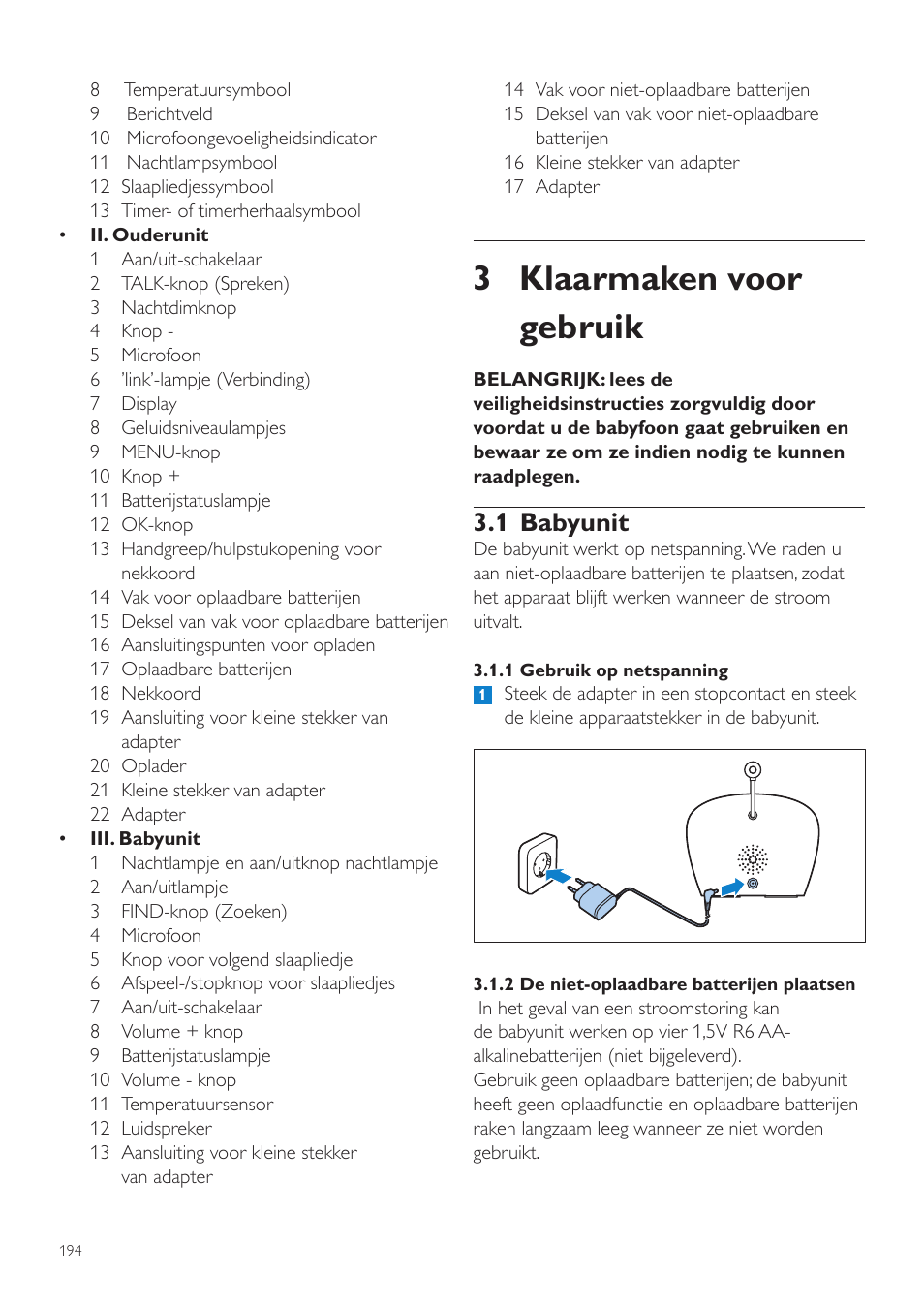 3 klaarmaken voor gebruik, 1 babyunit | Philips AVENT Écoute-bébé DECT User Manual | Page 194 / 328