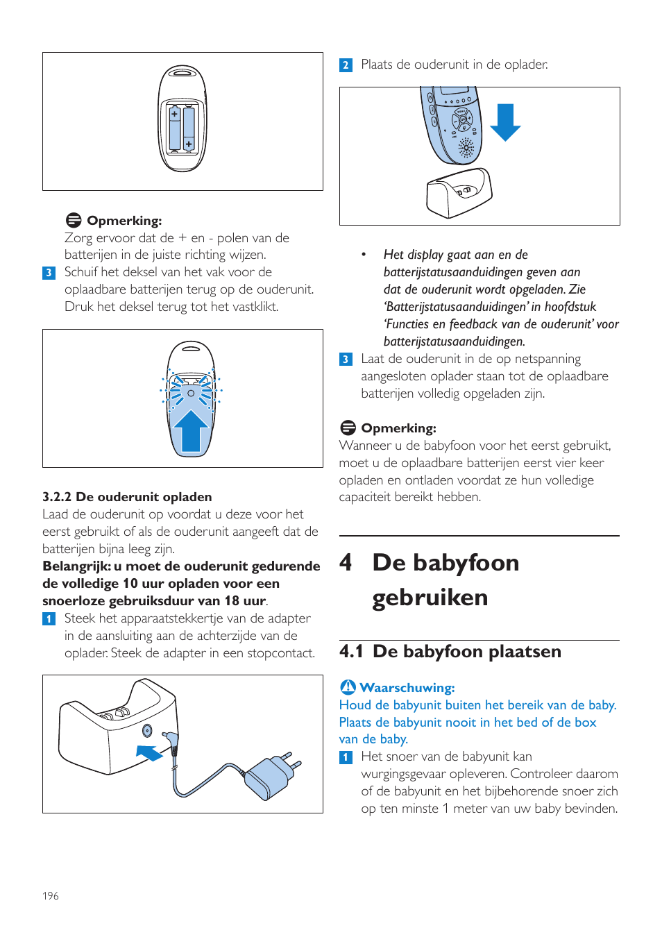 4 de babyfoon gebruiken, 1 de babyfoon plaatsen | Philips AVENT Écoute-bébé DECT User Manual | Page 196 / 328