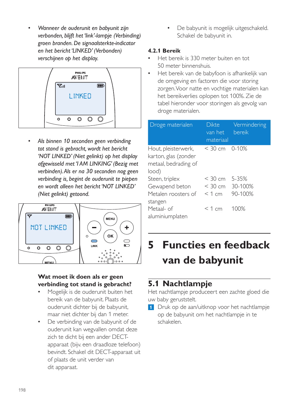 5 functies en feedback van de babyunit, 1 nachtlampje | Philips AVENT Écoute-bébé DECT User Manual | Page 198 / 328