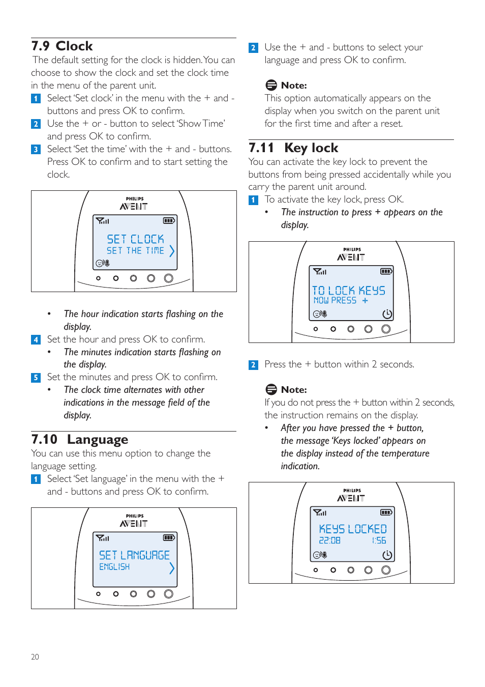 11 key lock, 9 clock, 10 language | Philips AVENT Écoute-bébé DECT User Manual | Page 20 / 328