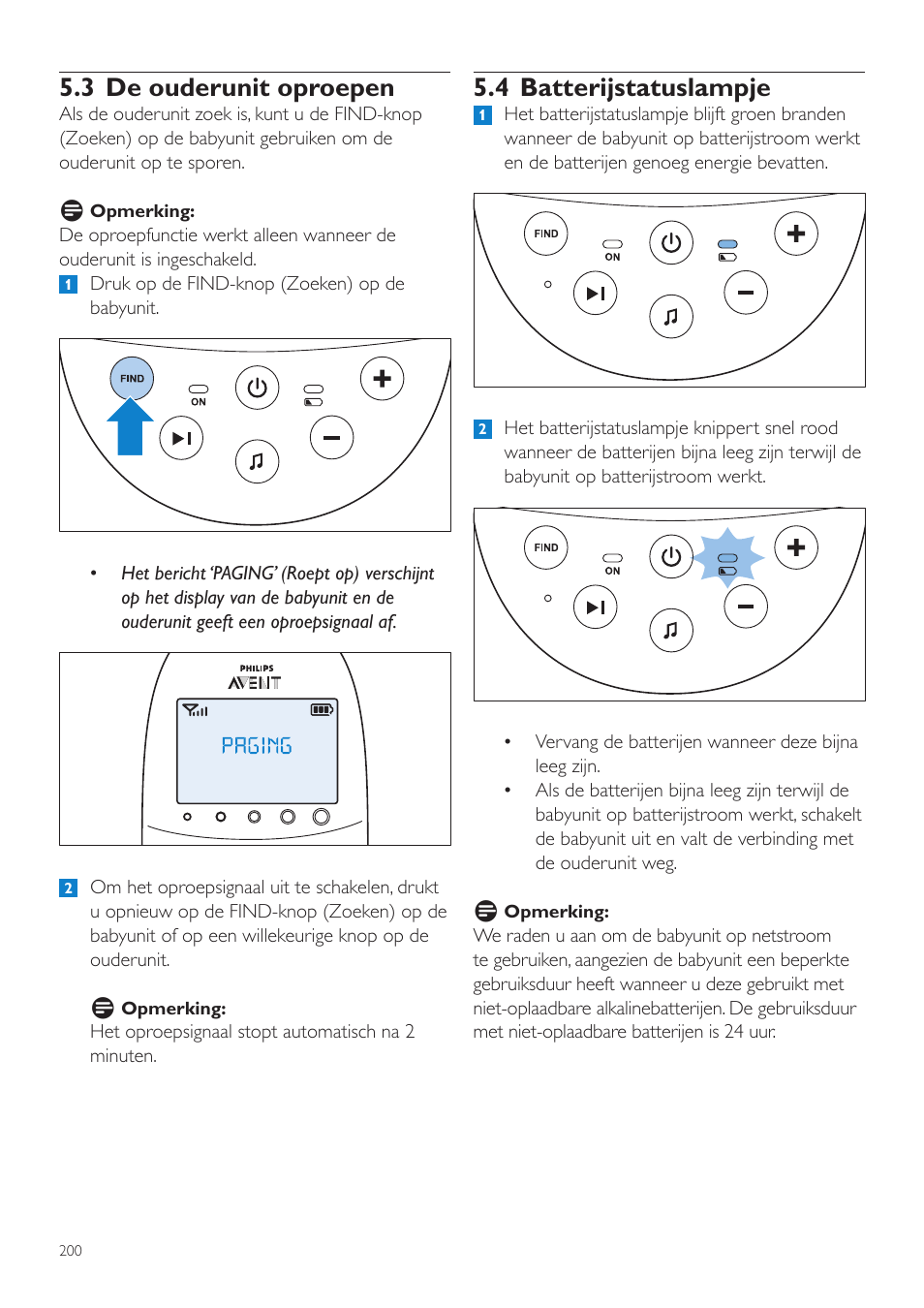 4 batterijstatuslampje, 3 de ouderunit oproepen | Philips AVENT Écoute-bébé DECT User Manual | Page 200 / 328