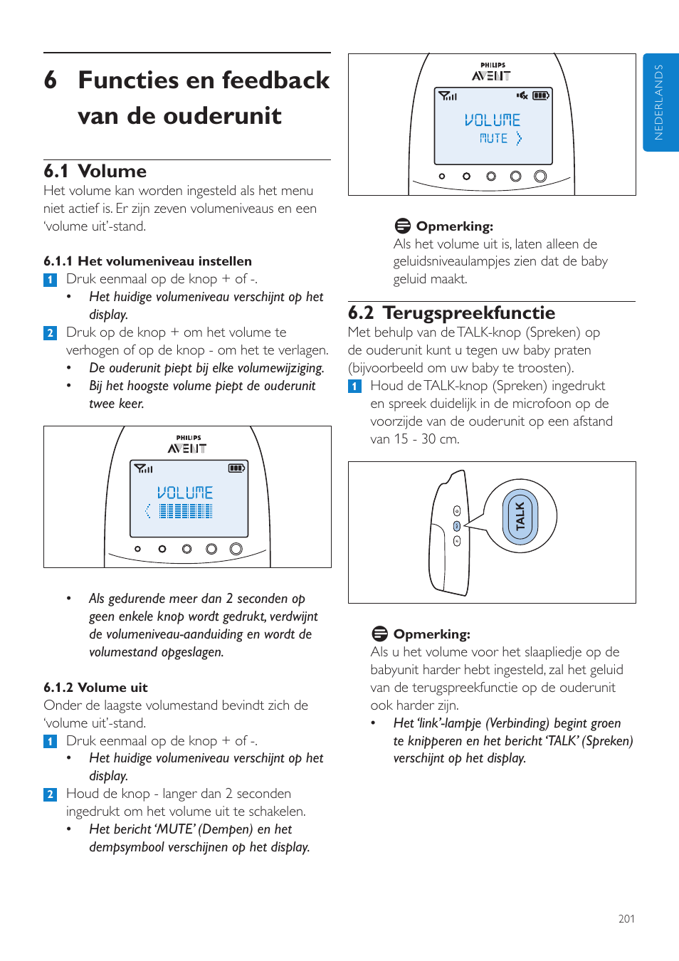 6 functies en feedback van de ouderunit, 2 terugspreekfunctie, 1 volume | Philips AVENT Écoute-bébé DECT User Manual | Page 201 / 328