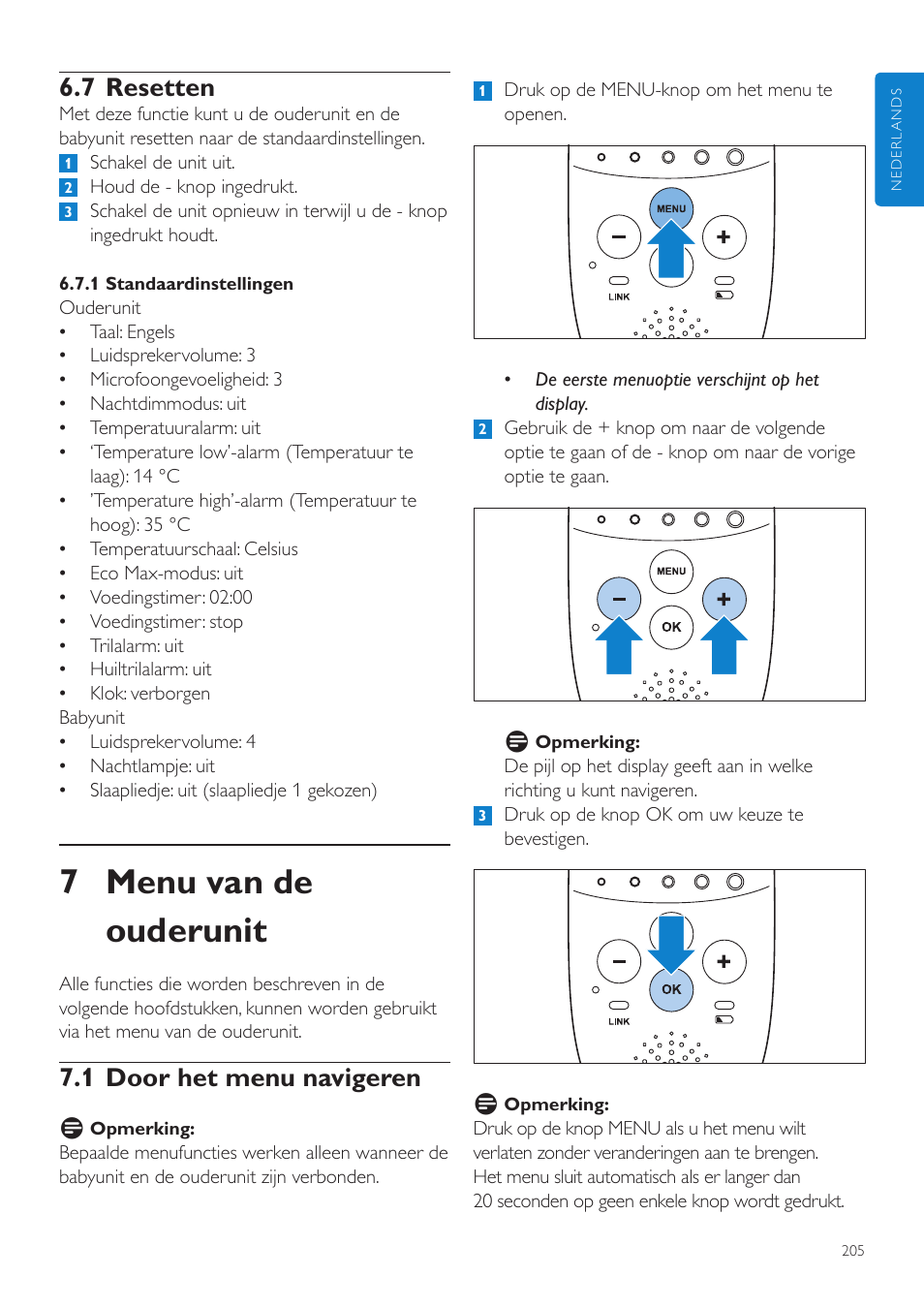 7 menu van de ouderunit, 7 resetten, 1 door het menu navigeren | Philips AVENT Écoute-bébé DECT User Manual | Page 205 / 328