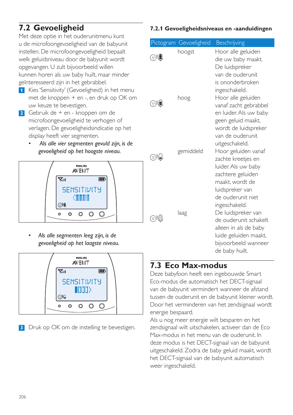 3 eco max-modus, 2 gevoeligheid | Philips AVENT Écoute-bébé DECT User Manual | Page 206 / 328