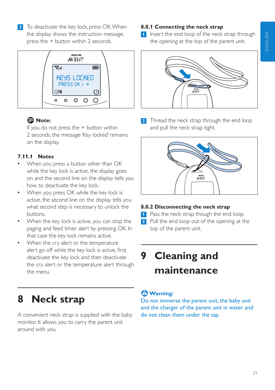 9 cleaning and maintenance, 8 neck strap | Philips AVENT Écoute-bébé DECT User Manual | Page 21 / 328