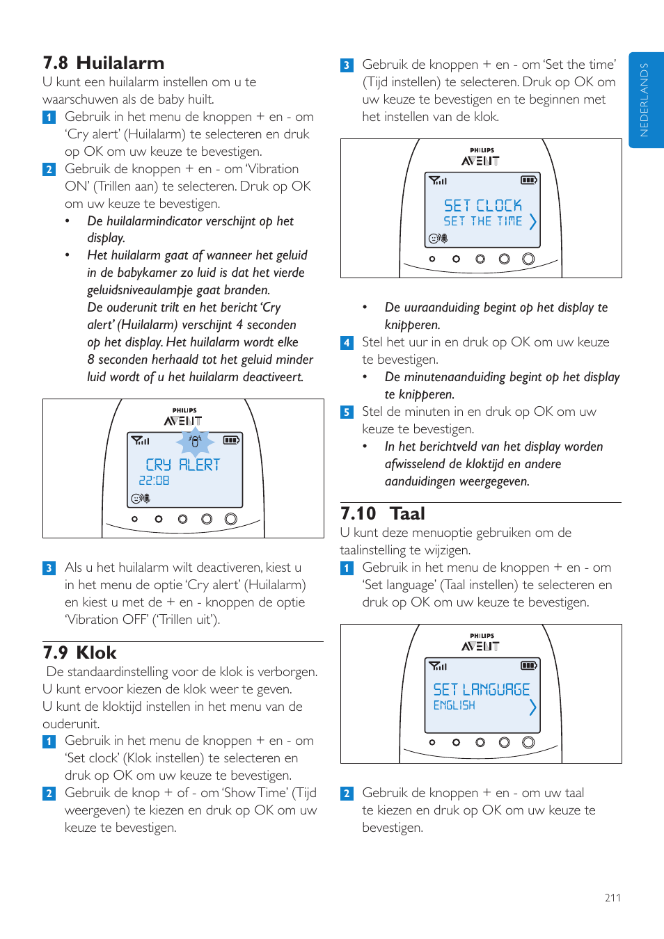 10 taal, 8 huilalarm, 9 klok | Philips AVENT Écoute-bébé DECT User Manual | Page 211 / 328