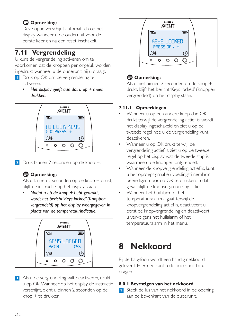 8 nekkoord, 11 vergrendeling | Philips AVENT Écoute-bébé DECT User Manual | Page 212 / 328