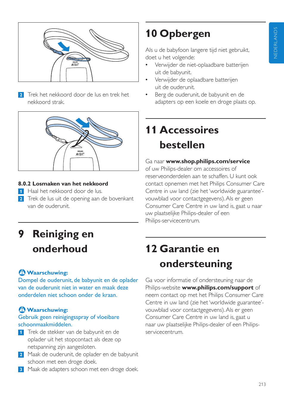 10 opbergen, 11 accessoires bestellen, 12 garantie en ondersteuning | 9 reiniging en onderhoud | Philips AVENT Écoute-bébé DECT User Manual | Page 213 / 328