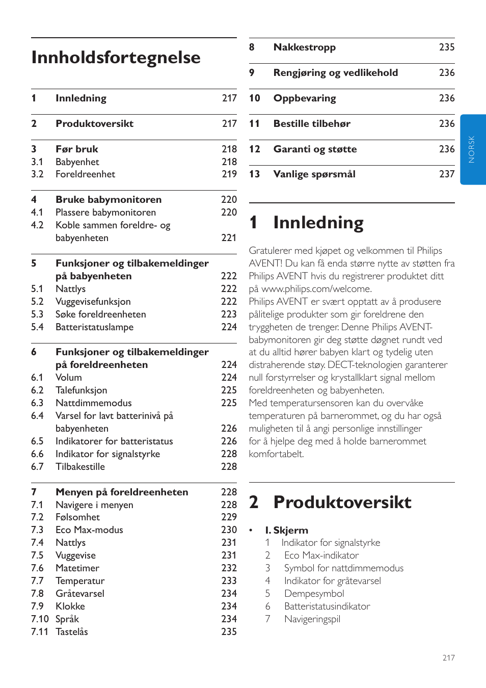 Norsk, Brukerhåndbok, 1 innledning | 2 produktoversikt, Innholdsfortegnelse | Philips AVENT Écoute-bébé DECT User Manual | Page 217 / 328