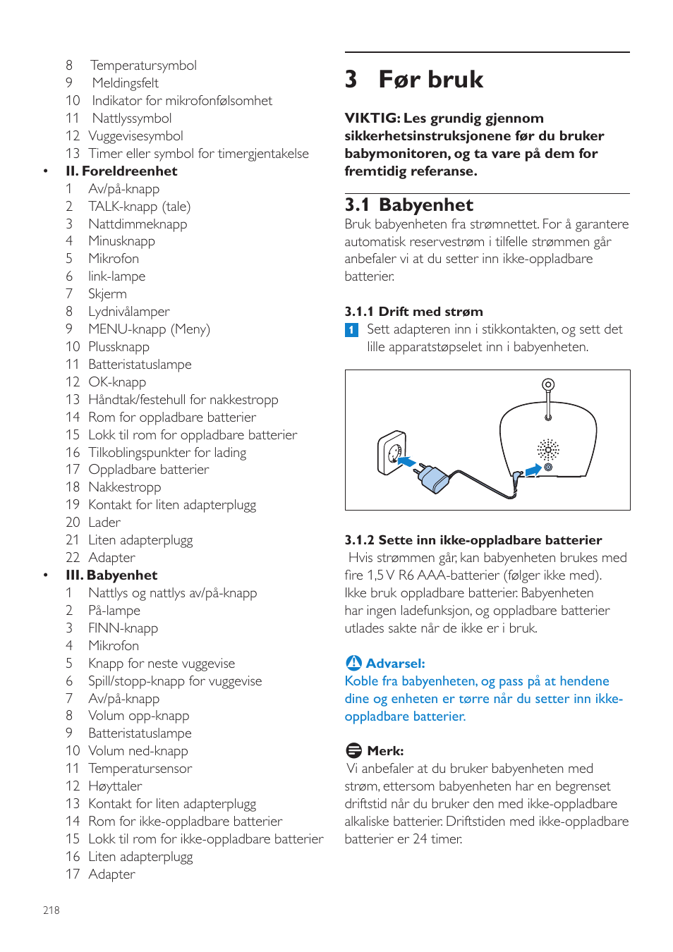 3 før bruk, 1 babyenhet | Philips AVENT Écoute-bébé DECT User Manual | Page 218 / 328