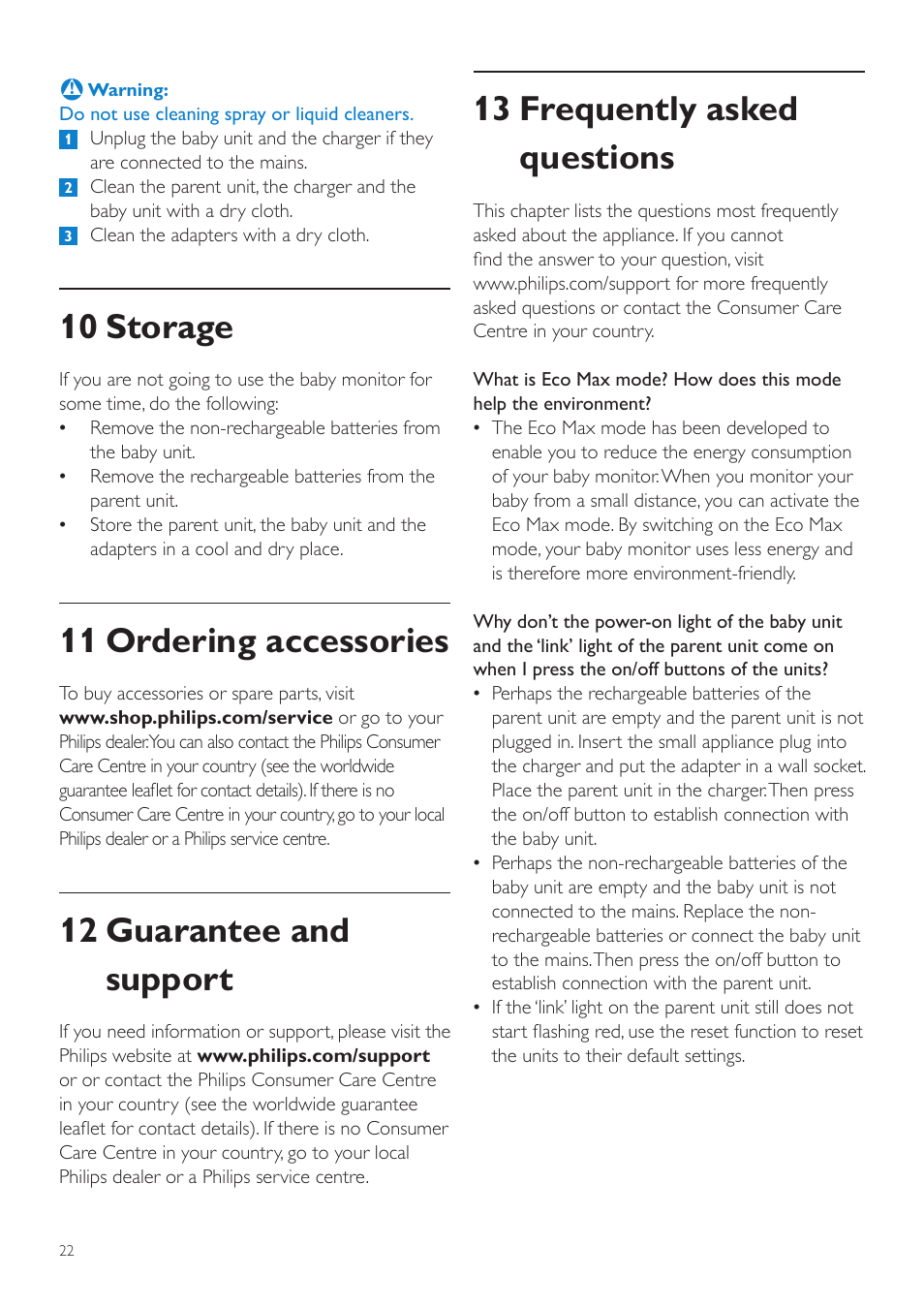 13 frequently asked questions, 10 storage, 11 ordering accessories | 12 guarantee and support | Philips AVENT Écoute-bébé DECT User Manual | Page 22 / 328