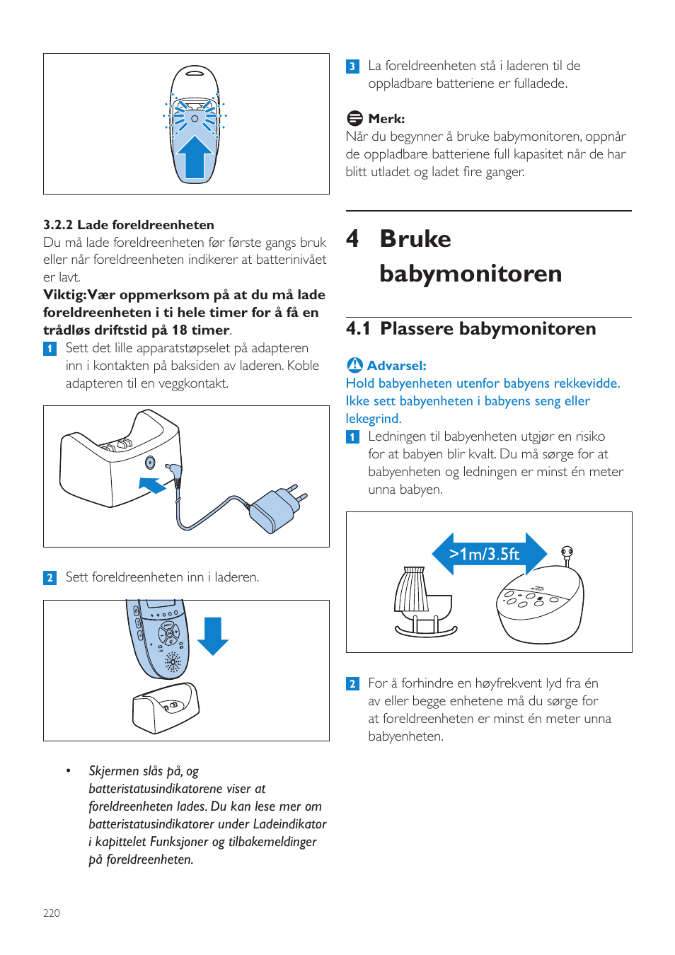 4 bruke babymonitoren, 1 plassere babymonitoren | Philips AVENT Écoute-bébé DECT User Manual | Page 220 / 328