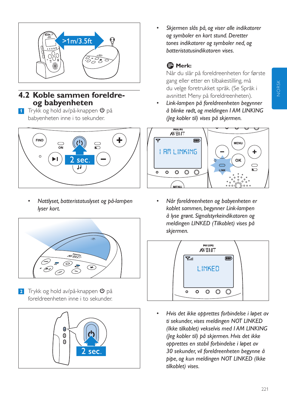 2 koble sammen foreldre- og babyenheten | Philips AVENT Écoute-bébé DECT User Manual | Page 221 / 328