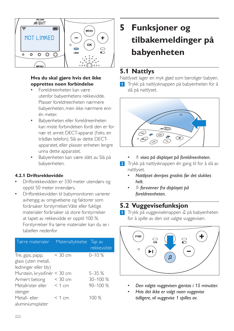 5 funksjoner og tilbakemeldinger på babyenheten, 1 nattlys, 2 vuggevisefunksjon | Philips AVENT Écoute-bébé DECT User Manual | Page 222 / 328