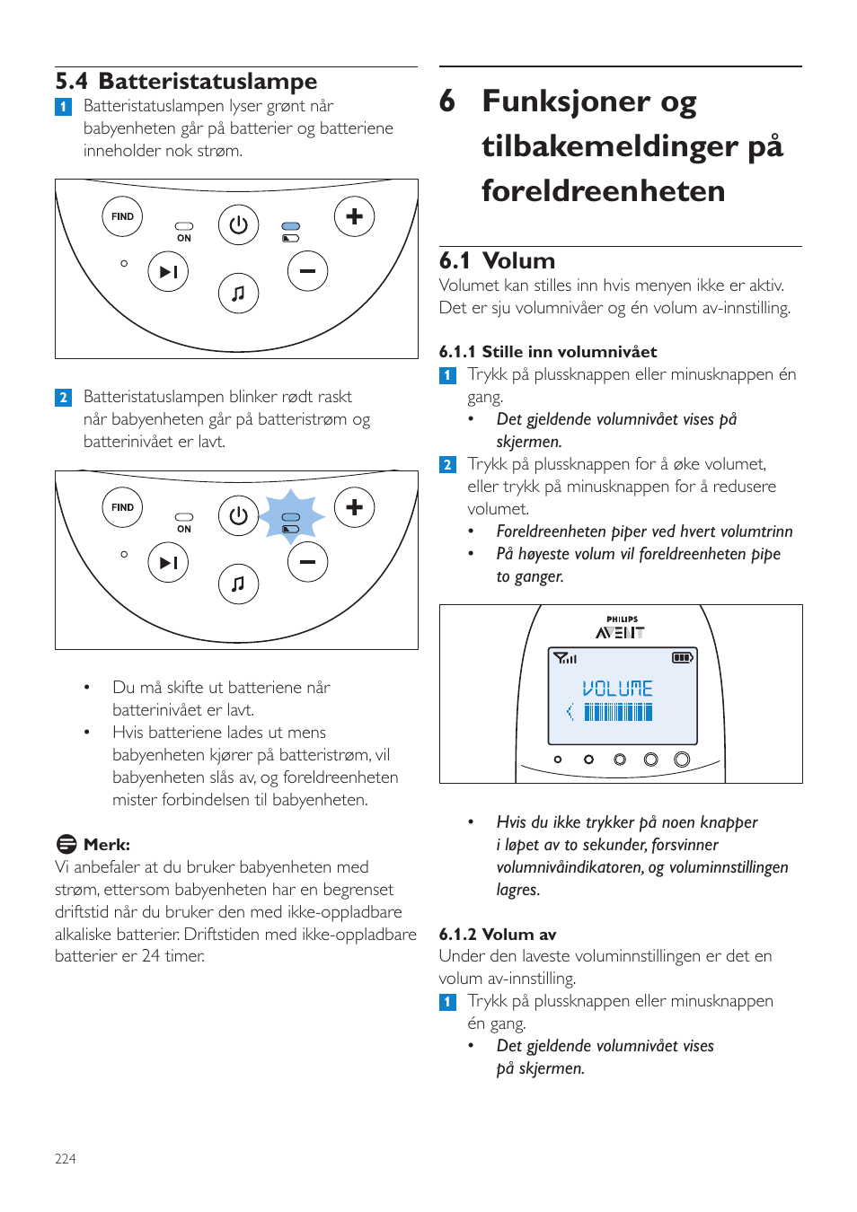 1 volum, 4 batteristatuslampe | Philips AVENT Écoute-bébé DECT User Manual | Page 224 / 328