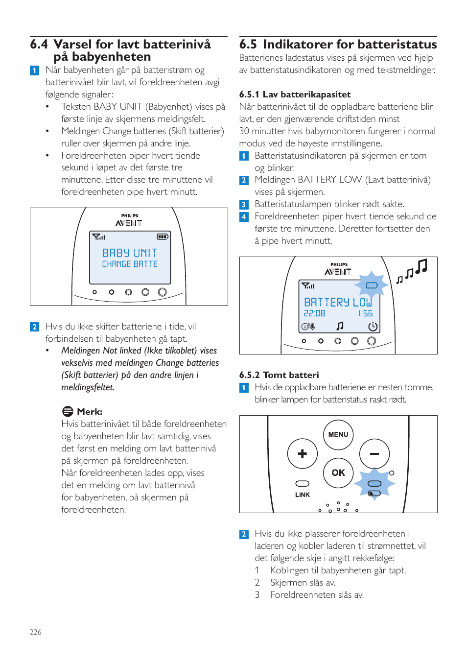 5 indikatorer for batteristatus, 4 varsel for lavt batterinivå på babyenheten | Philips AVENT Écoute-bébé DECT User Manual | Page 226 / 328