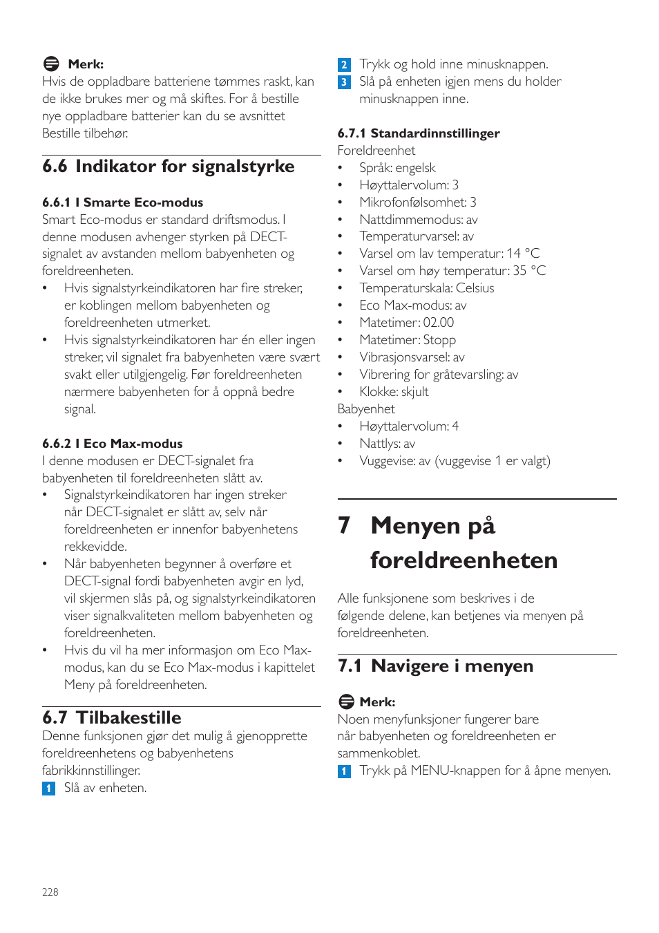 7 menyen på foreldreenheten, 1 navigere i menyen, 6 indikator for signalstyrke | 7 tilbakestille | Philips AVENT Écoute-bébé DECT User Manual | Page 228 / 328