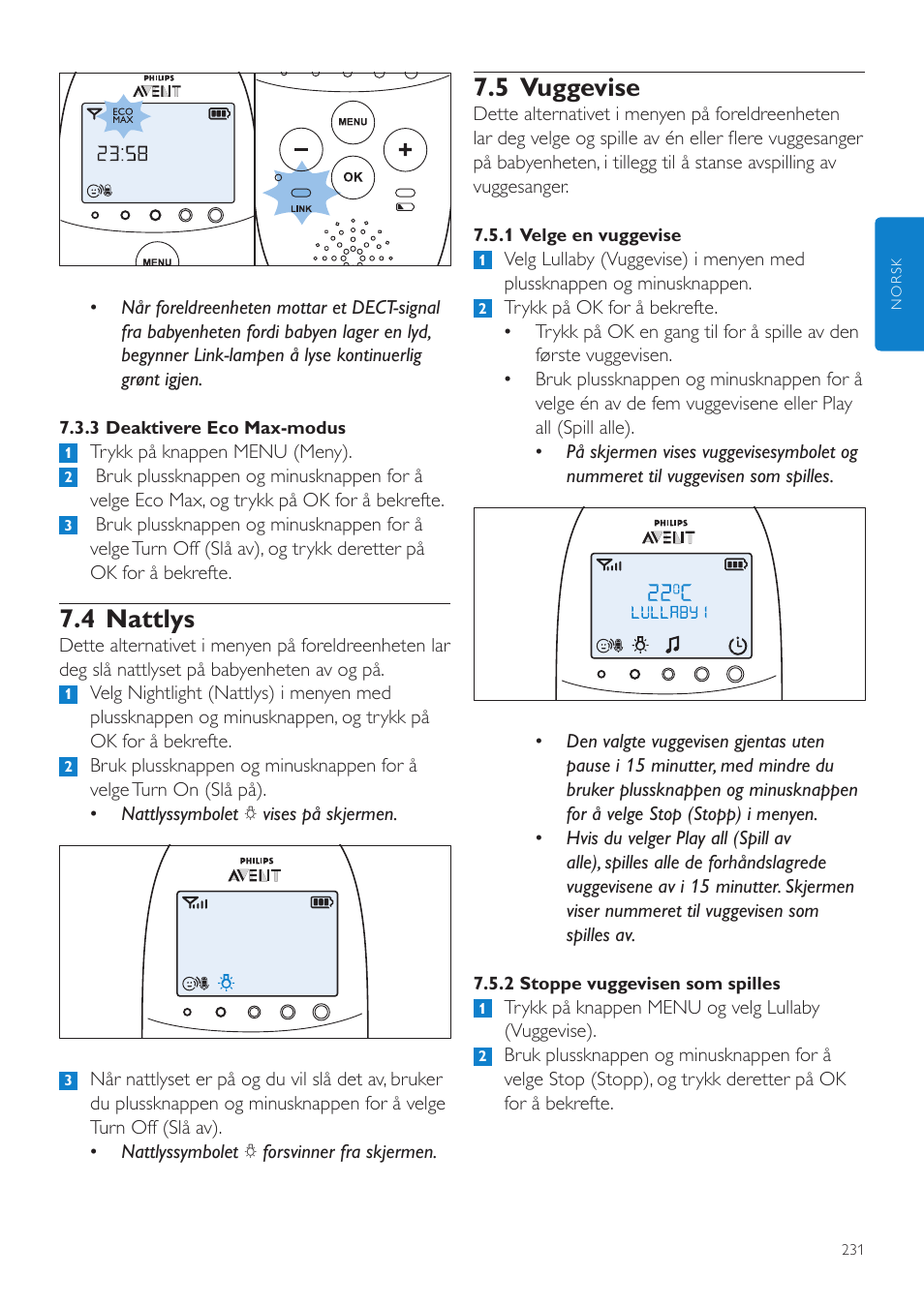 5 vuggevise, 4 nattlys | Philips AVENT Écoute-bébé DECT User Manual | Page 231 / 328