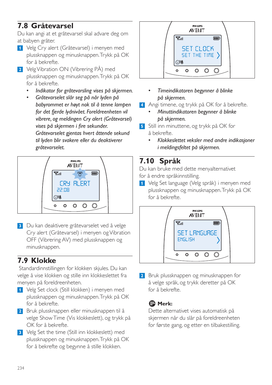 10 språk, 8 gråtevarsel, 9 klokke | Philips AVENT Écoute-bébé DECT User Manual | Page 234 / 328