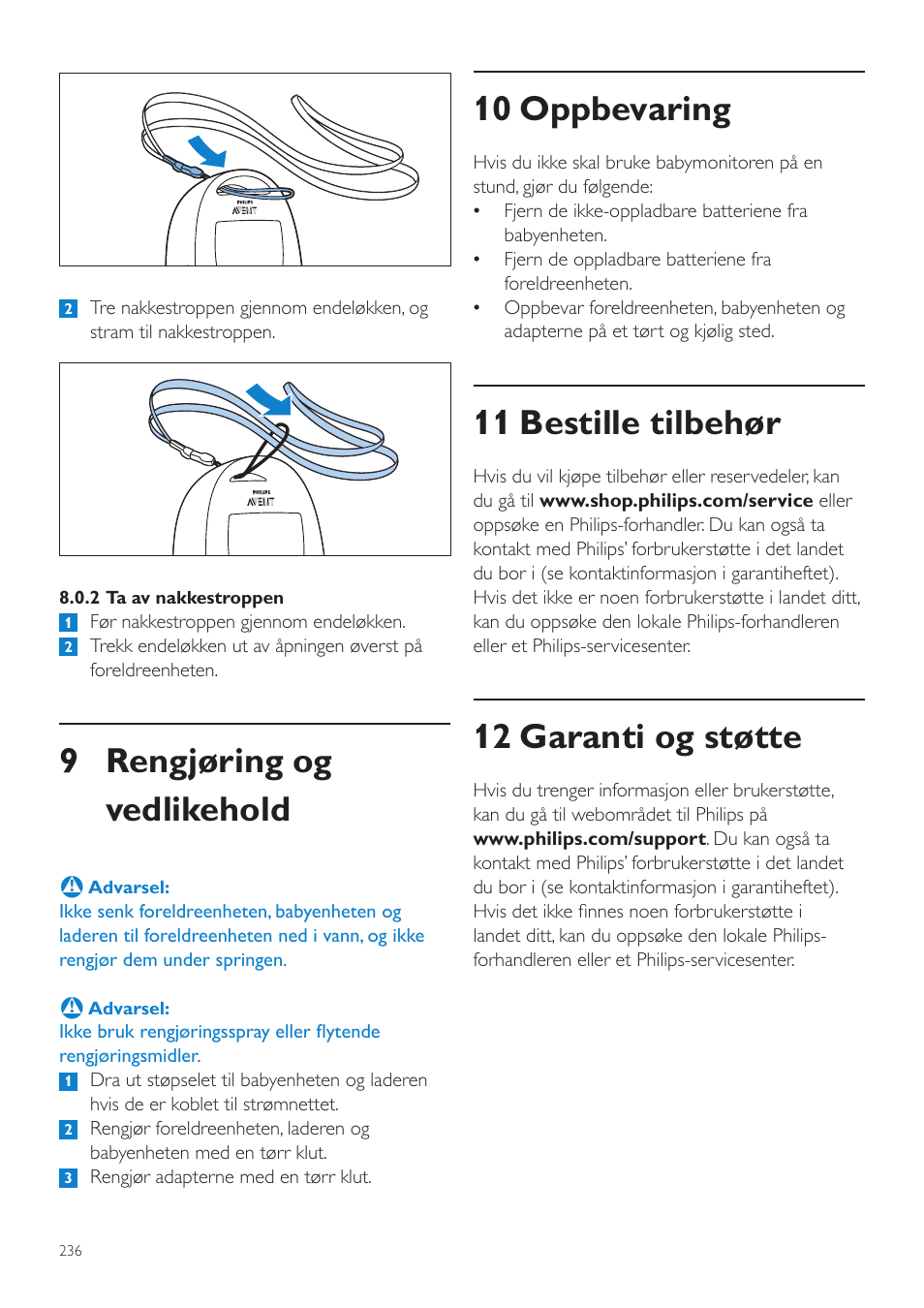 10 oppbevaring, 11 bestille tilbehør, 12 garanti og støtte | 9 rengjøring og vedlikehold | Philips AVENT Écoute-bébé DECT User Manual | Page 236 / 328