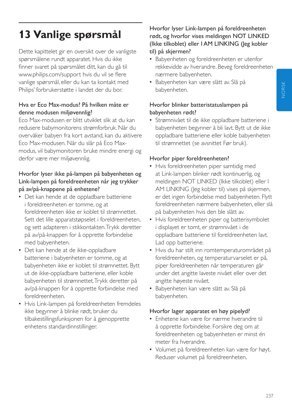 13 vanlige spørsmål | Philips AVENT Écoute-bébé DECT User Manual | Page 237 / 328