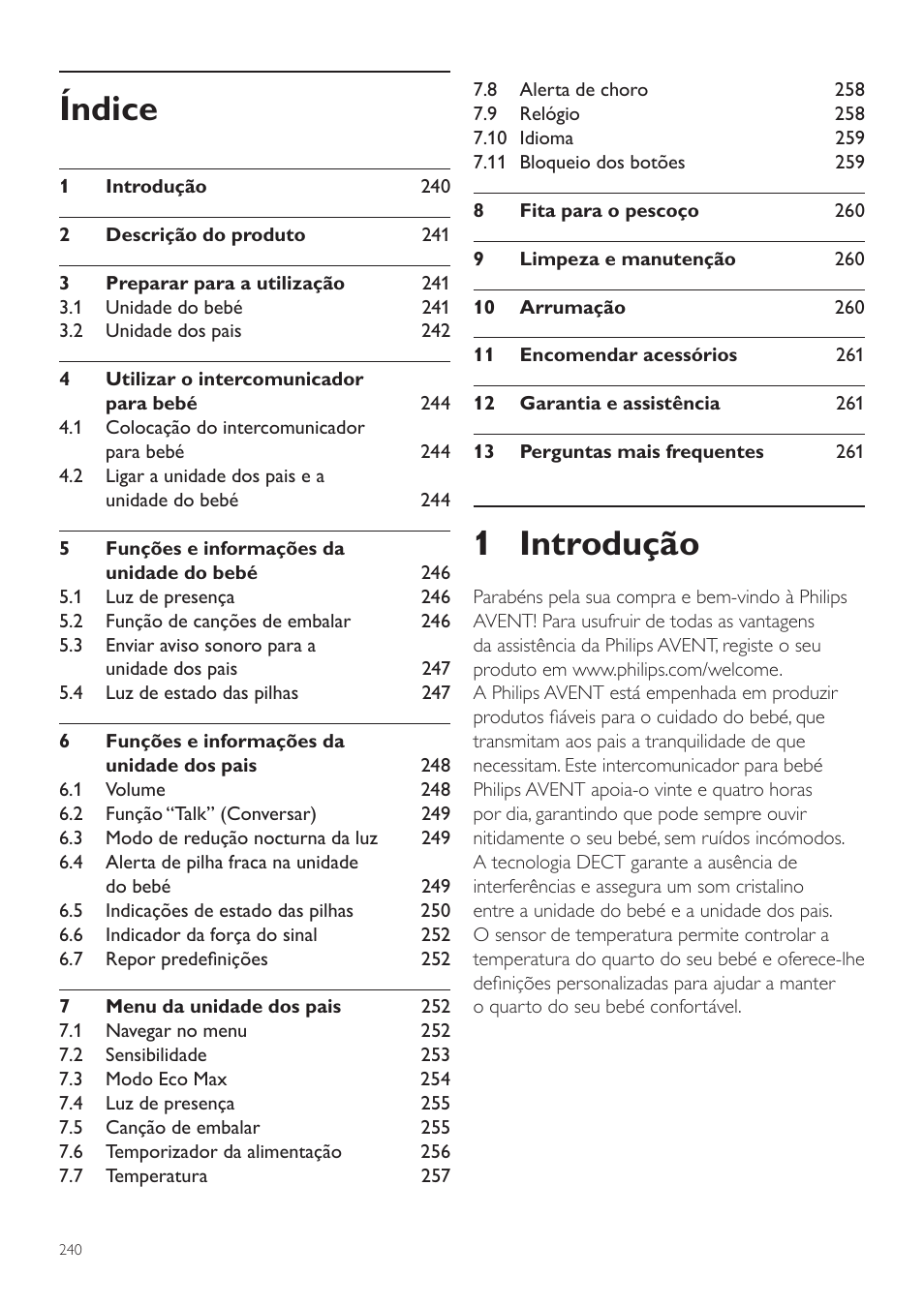 Manual do utilizador, 1 introdução, Índice | Philips AVENT Écoute-bébé DECT User Manual | Page 240 / 328