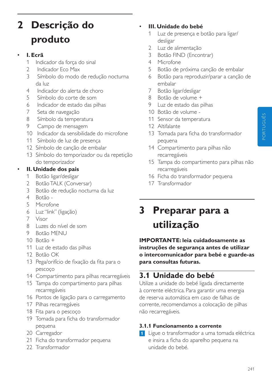 Português, 3 preparar para a utilização, 2 descrição do produto | 1 unidade do bebé | Philips AVENT Écoute-bébé DECT User Manual | Page 241 / 328