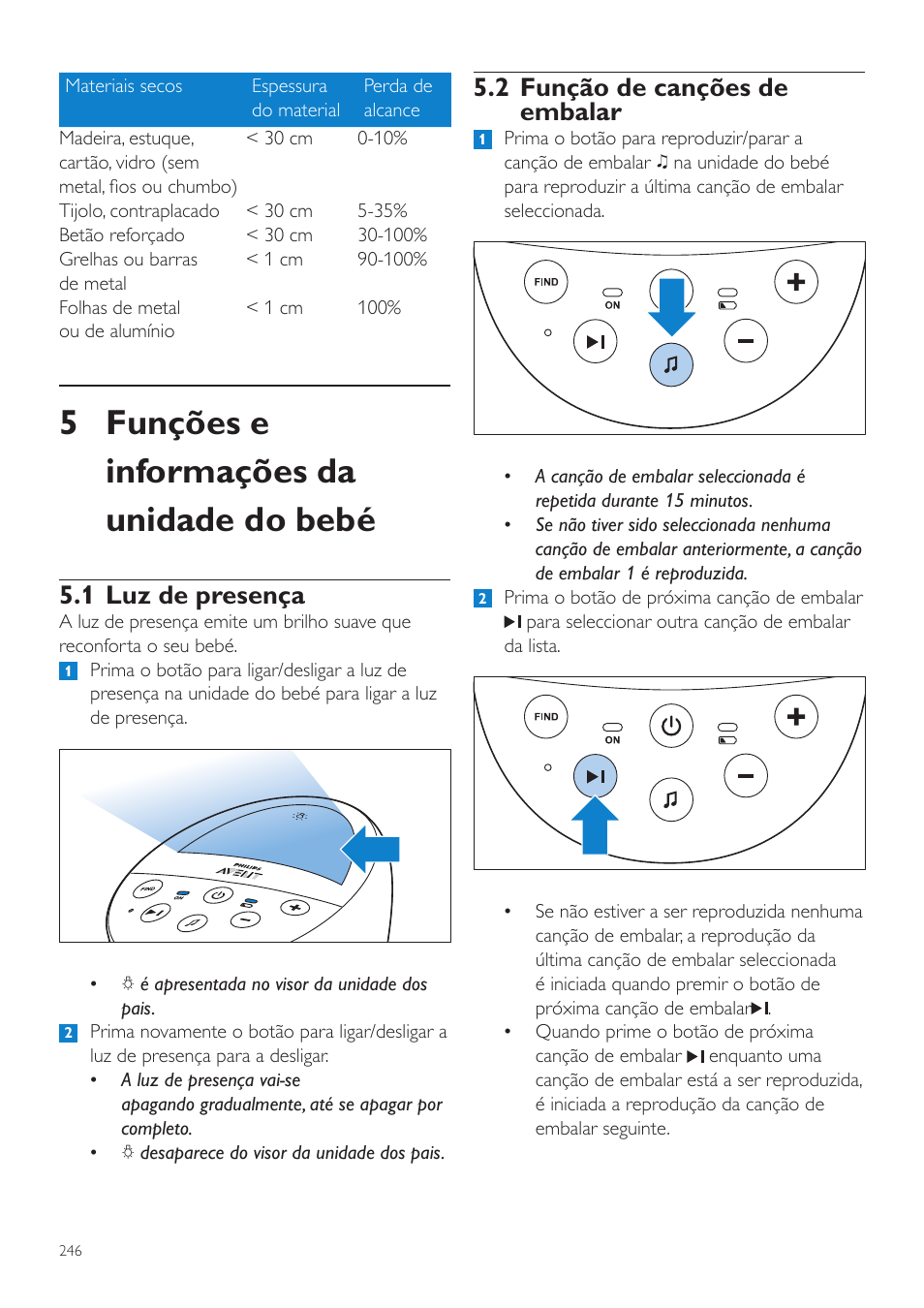 5 funções e informações da unidade do bebé, 2 função de canções de embalar, 1 luz de presença | Philips AVENT Écoute-bébé DECT User Manual | Page 246 / 328