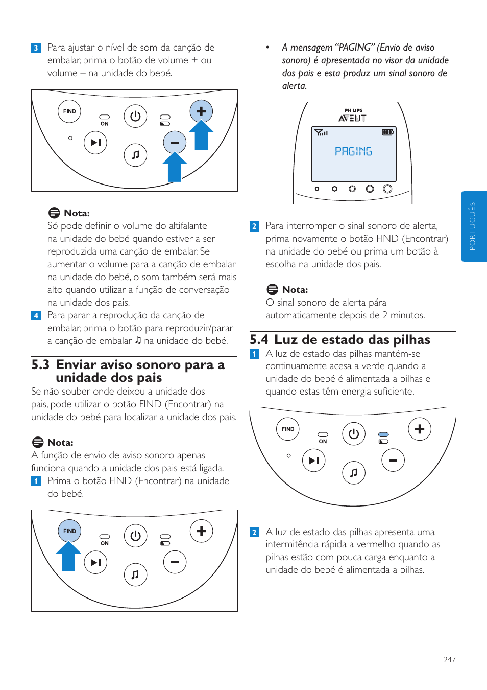 4 luz de estado das pilhas, 3 enviar aviso sonoro para a unidade dos pais | Philips AVENT Écoute-bébé DECT User Manual | Page 247 / 328