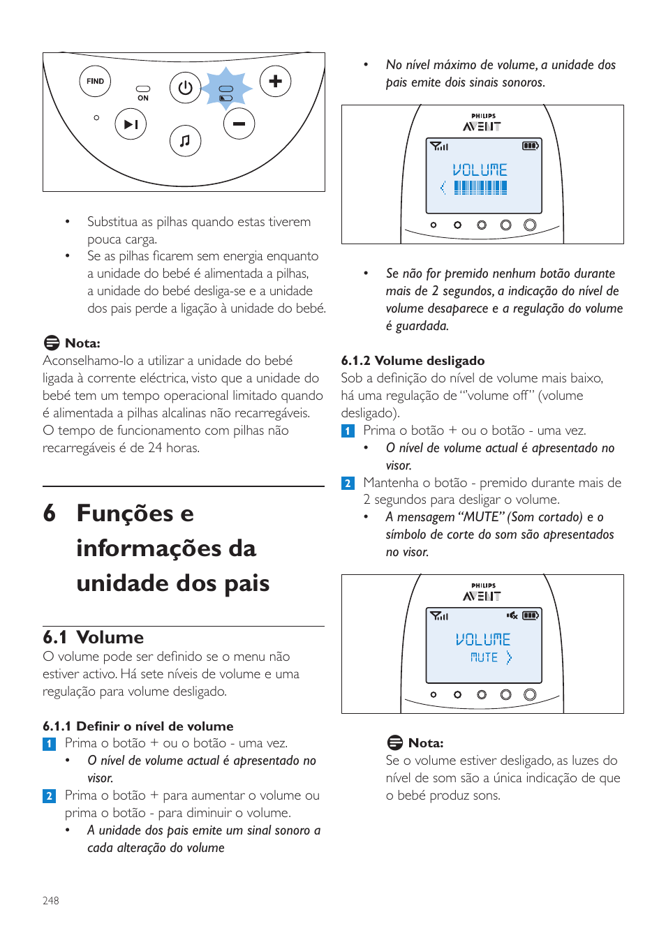 6 funções e informações da unidade dos pais, 1 volume | Philips AVENT Écoute-bébé DECT User Manual | Page 248 / 328