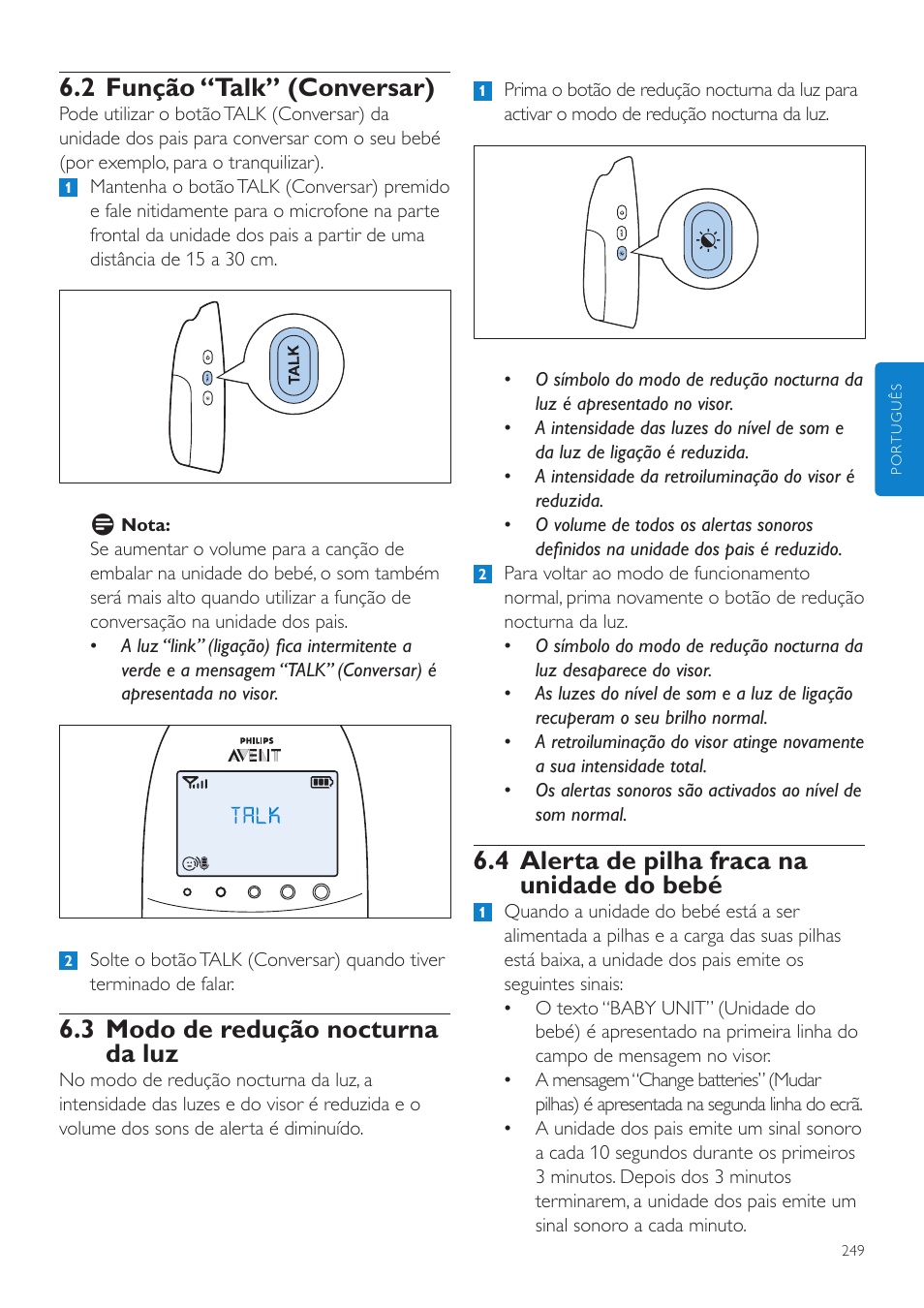 4 alerta de pilha fraca na unidade do bebé, 2 função “talk” (conversar), 3 modo de redução nocturna da luz | Philips AVENT Écoute-bébé DECT User Manual | Page 249 / 328