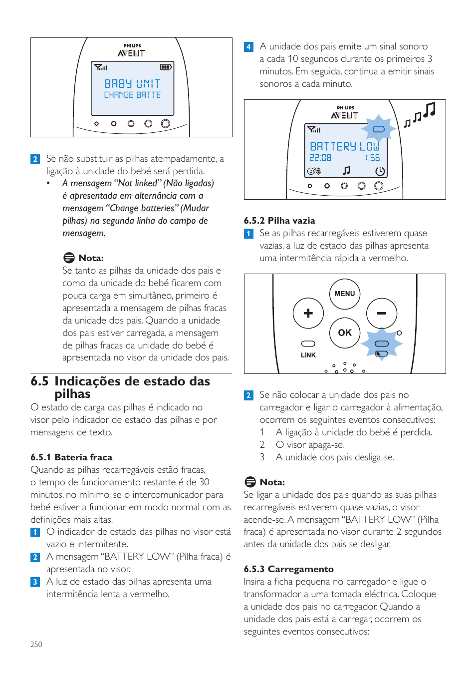 5 indicações de estado das pilhas | Philips AVENT Écoute-bébé DECT User Manual | Page 250 / 328