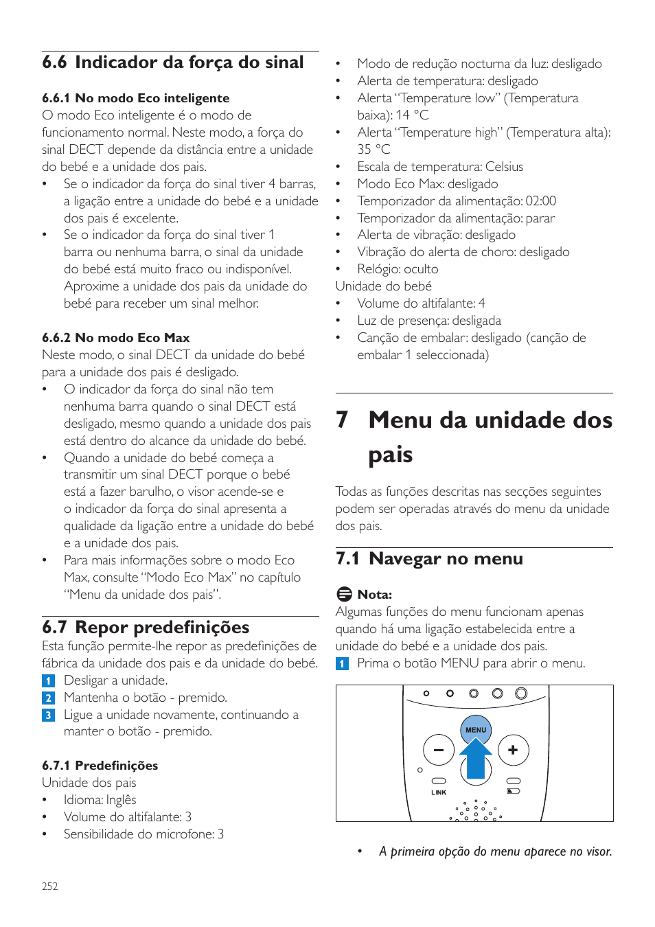 7 menu da unidade dos pais, 1 navegar no menu, 6 indicador da força do sinal | 7 repor predefinições | Philips AVENT Écoute-bébé DECT User Manual | Page 252 / 328